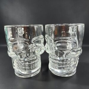 Deli Glass Skull Mugs Set of 2 Clear Skeleton Beer Steins Halloween Gothic Decor